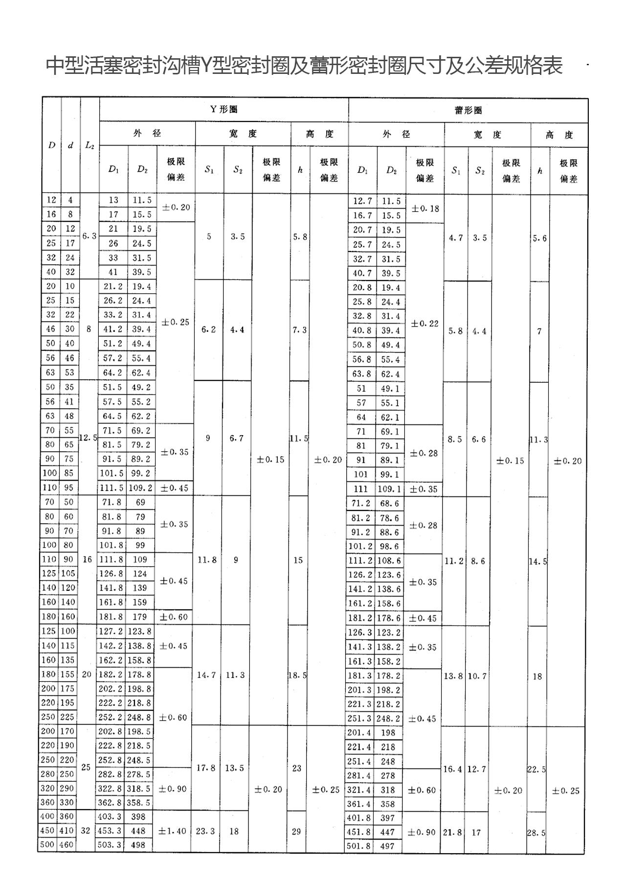中型活塞密封溝槽Y型密封圈及蕾形密封圈尺寸及公差規(guī)格表